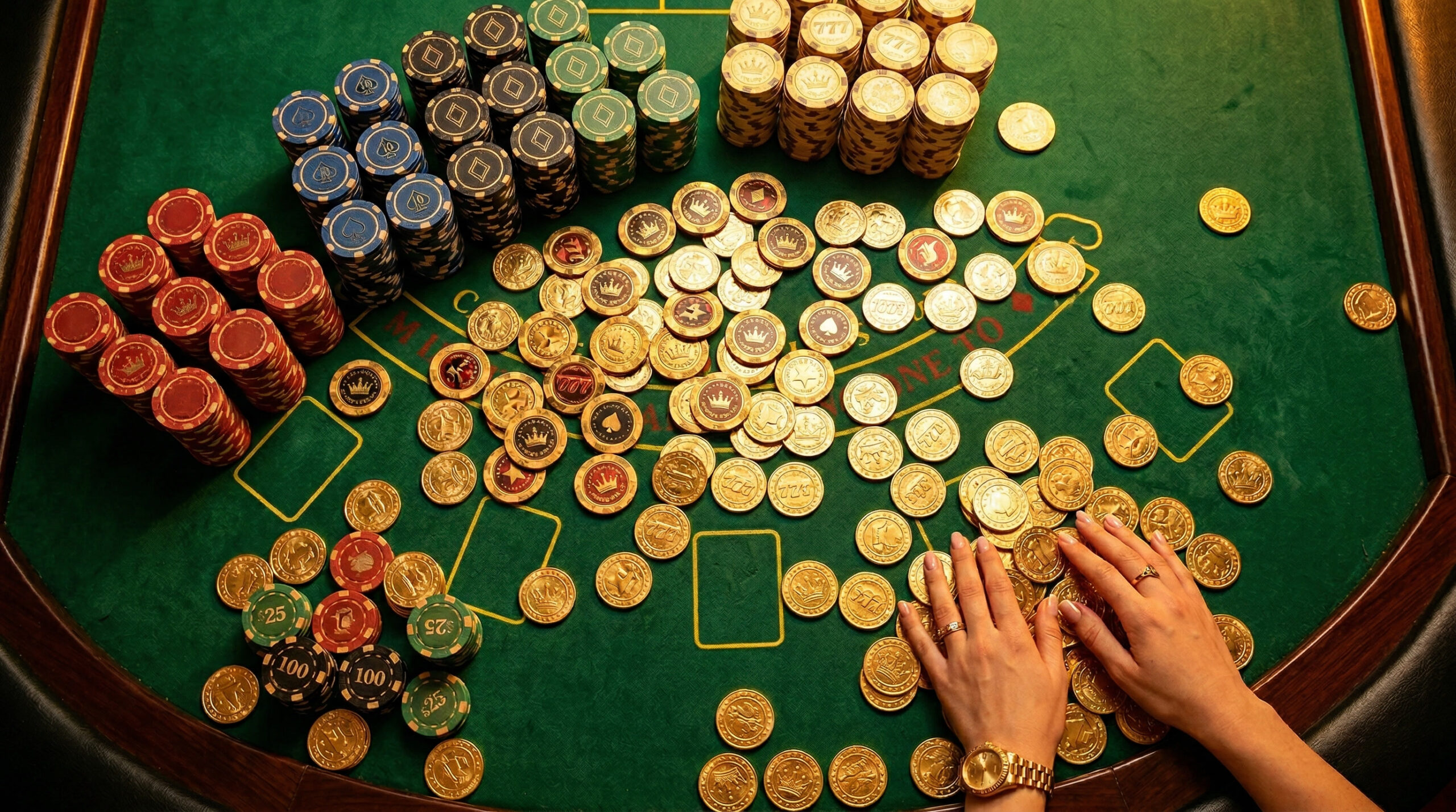 Casino chips and golden coins on green velvet table