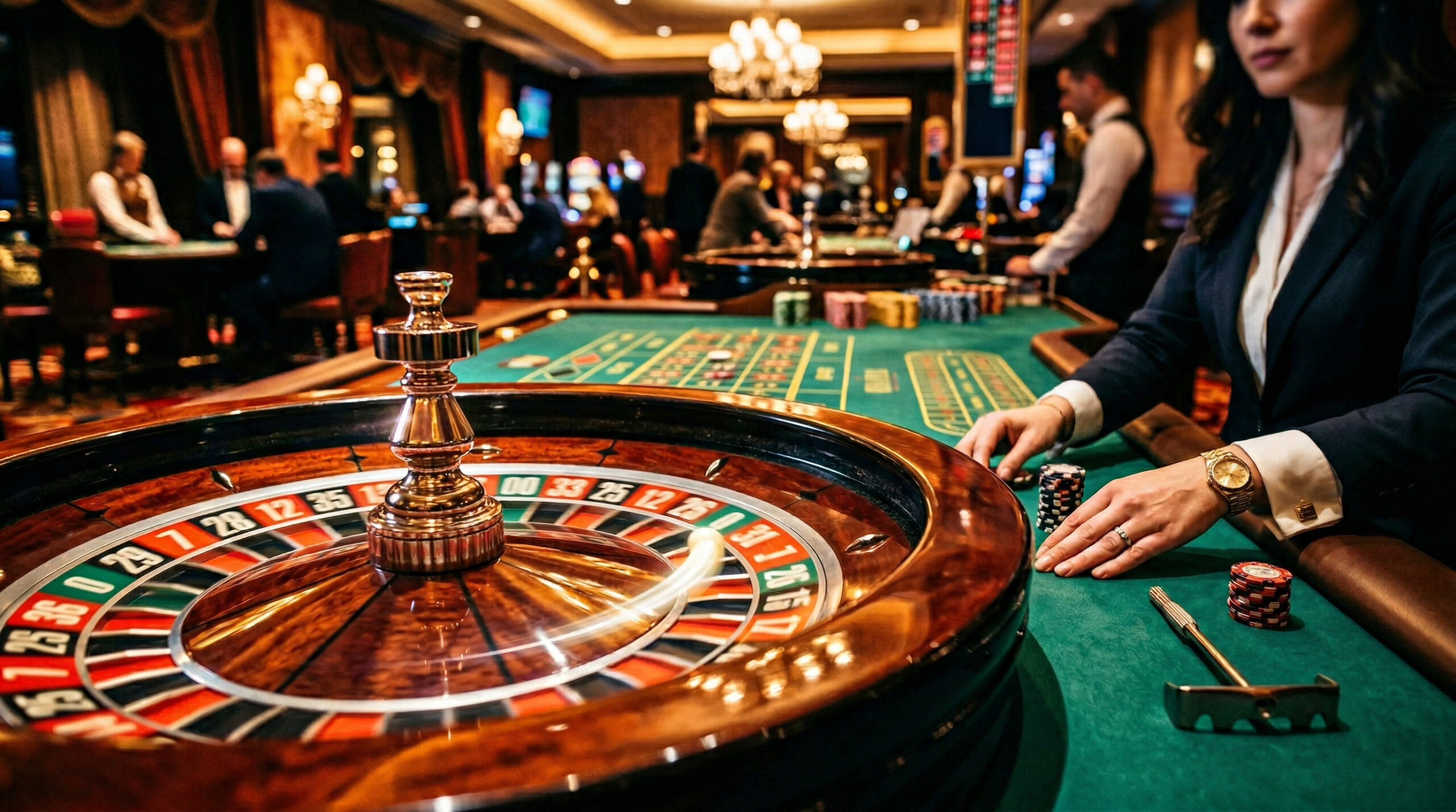 Live casino roulette wheel in a luxury casino setting