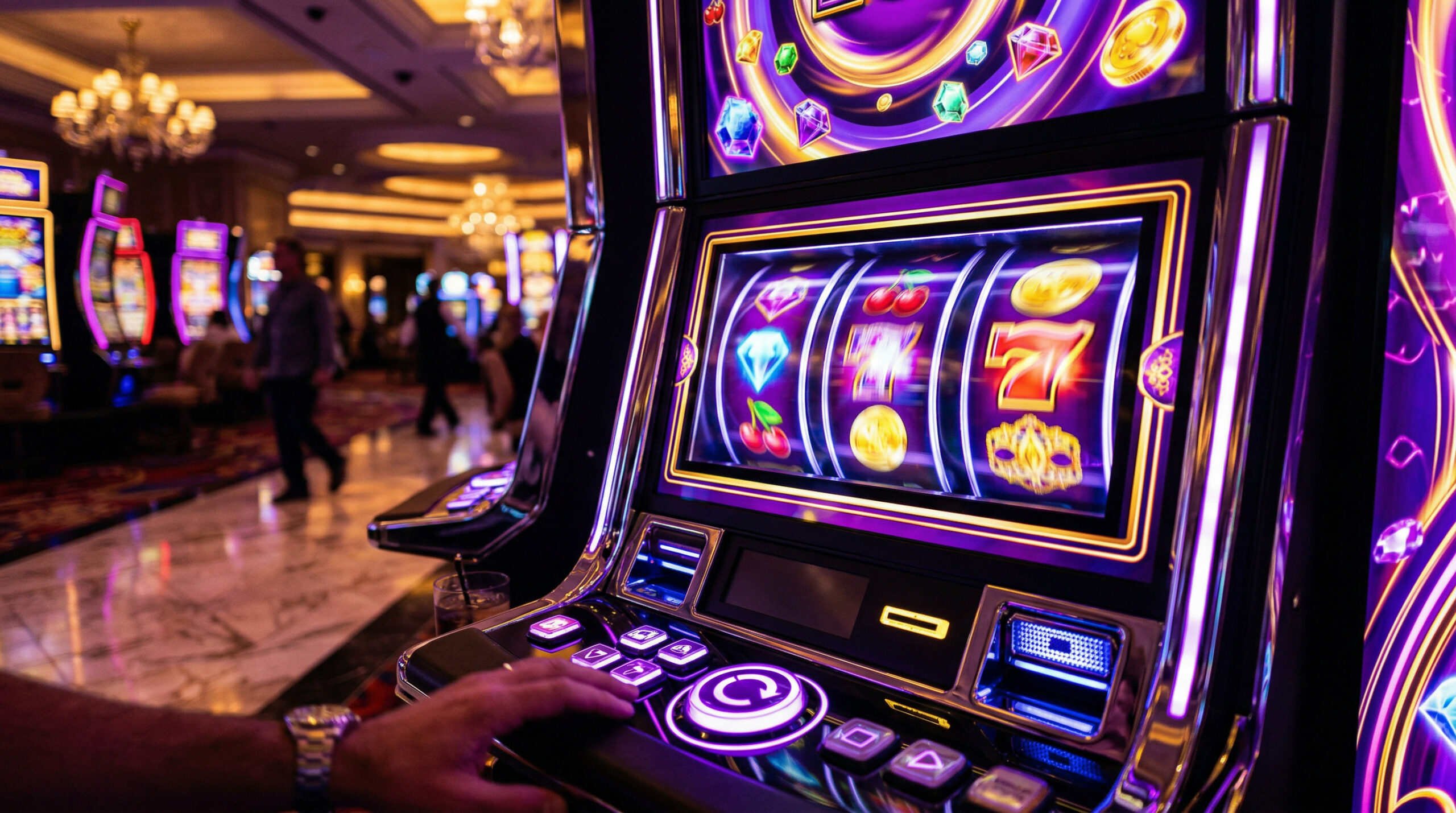 Modern slot machines with colorful reels in premium casino