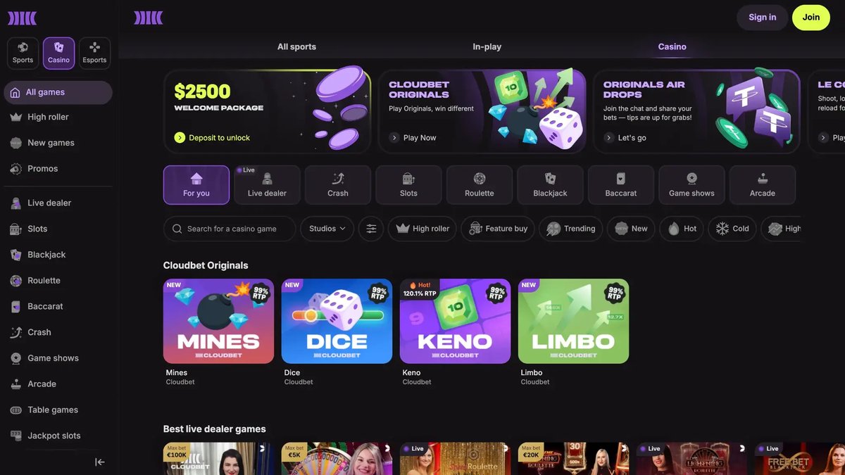 Cloudbet casino screenshot