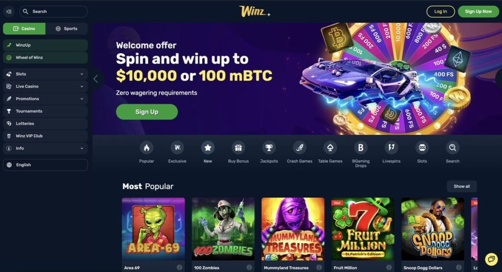 Winz.io casino screenshot